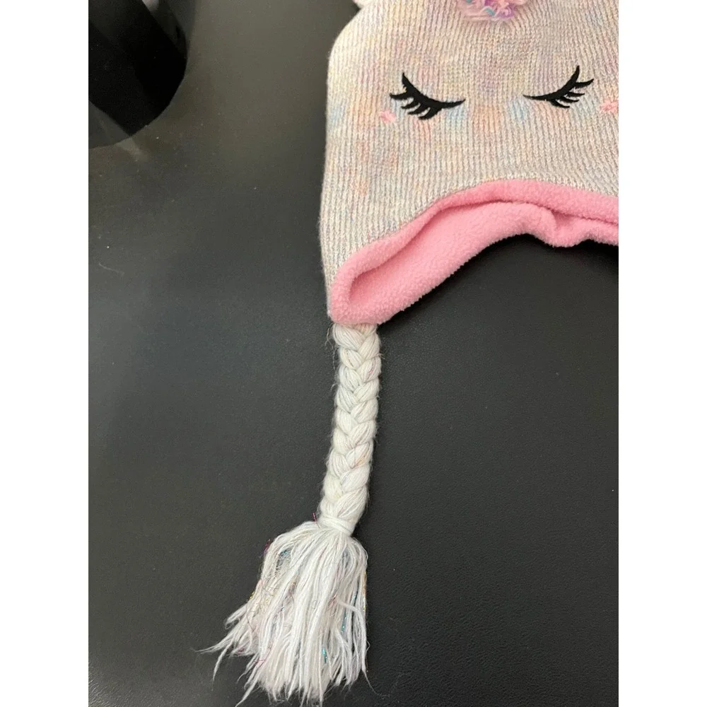 Kids Unicorn Trapper Hat Pastel Rainbow Glitter Knit‎ Fleece Lined Beanie Pink